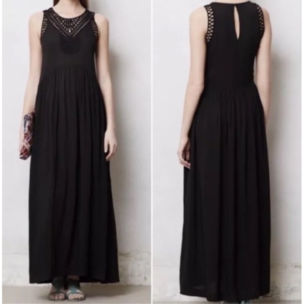 Anthropologie x Mermaid Macrame Women Black Crochet Trim Maxi Dress Size Large